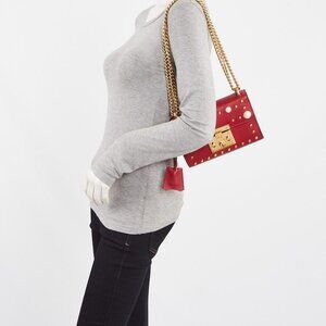 Gucci Red Leather Faux Pearl Stud Padlock Small Shoulder Bag
